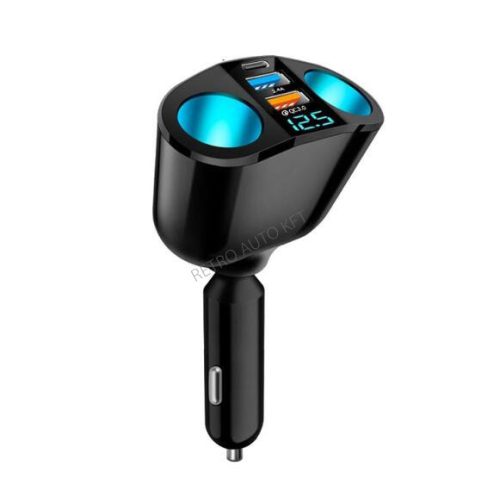 Telefontöltő 2USB + 2 szivargyújtó QC3024 voltmérős 12-24V 360 fokban forgatható  Autolife