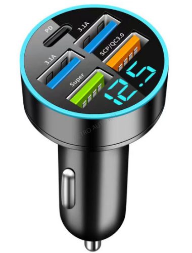 USB töltő 4USB + USB-C voltmérős M57  Autolife