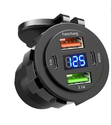 USB töltő aljzat beépíthető 2 USB/ 2 type-c  voltmérővel 12-24v